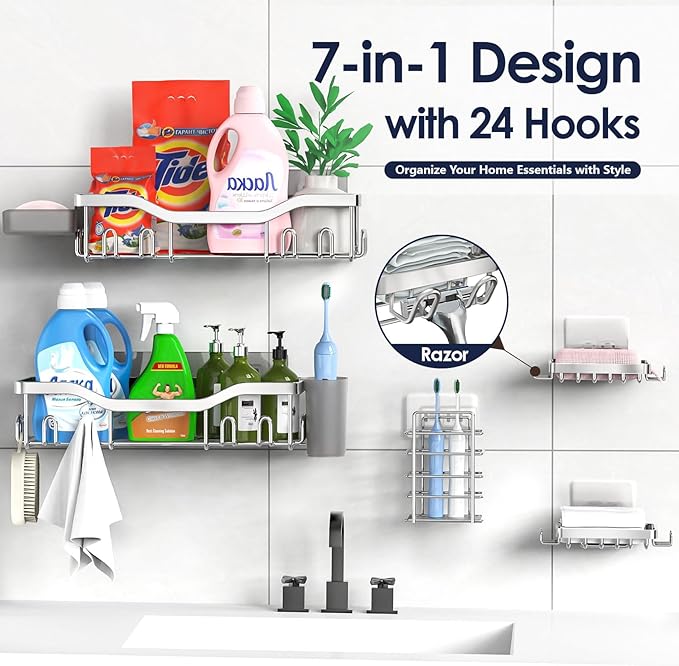 NESOMI Shower Caddy Adhesive Shower Organizer 7-Pack, Rustproof Stainless Steel - Image 4