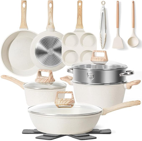 17 Pcs Pots and Pans Set Non stick，Cookware Sets White Granite Induction by SODAY