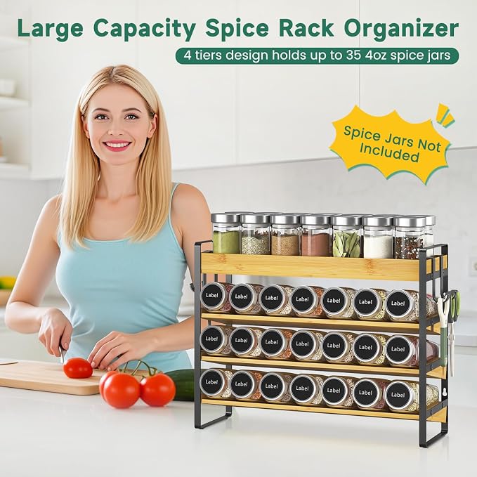 EsLuker.ly Spice Seasoning Rack Organizer Kitchen Countertop, 4 Tier Bamboo - Image 3