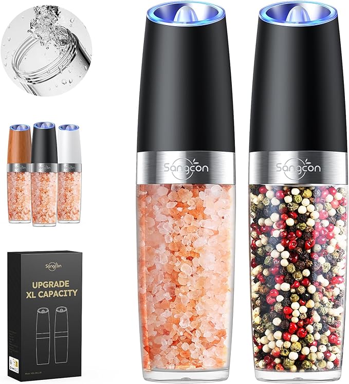 Sangcon Gravity Electric Salt and Pepper Grinder Set Shakers UPGRADED 9OZ XL by Sangcon