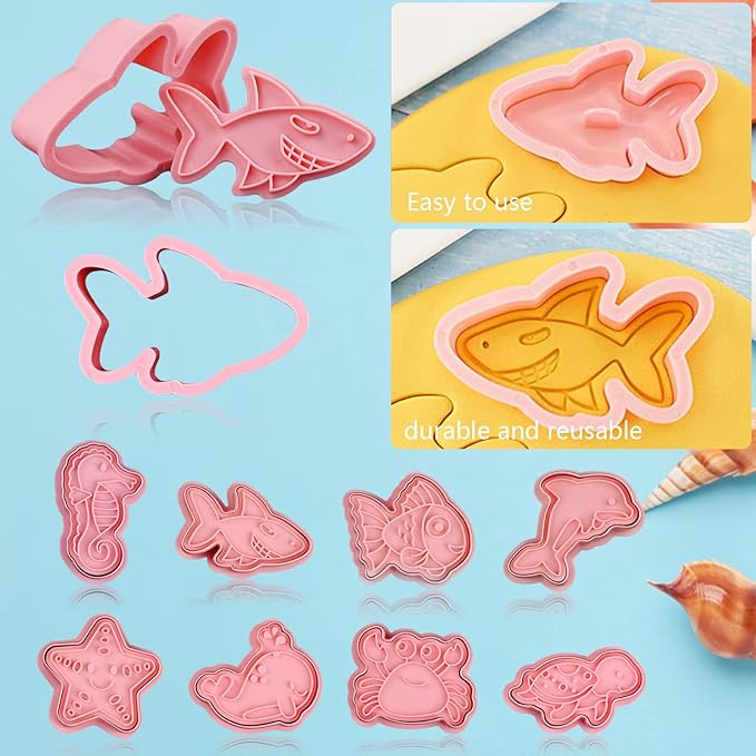 Ocean Cookie Cutters With Plunger Stamps Set, 8 Piece See Cookie Cutters - Image 4