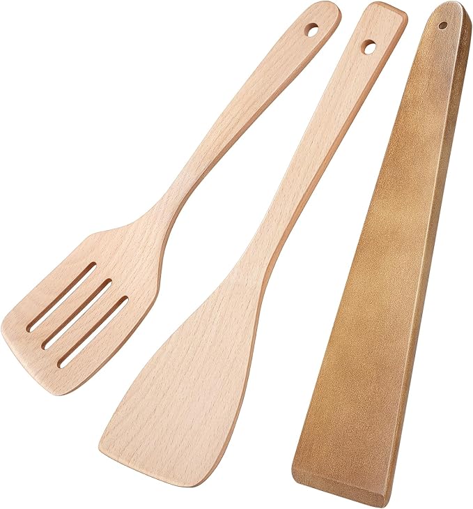 3Pcs Wooden Spatulas, 12inch Long Handle Slotted Turner Spatula Set, Uncoated by Morgles