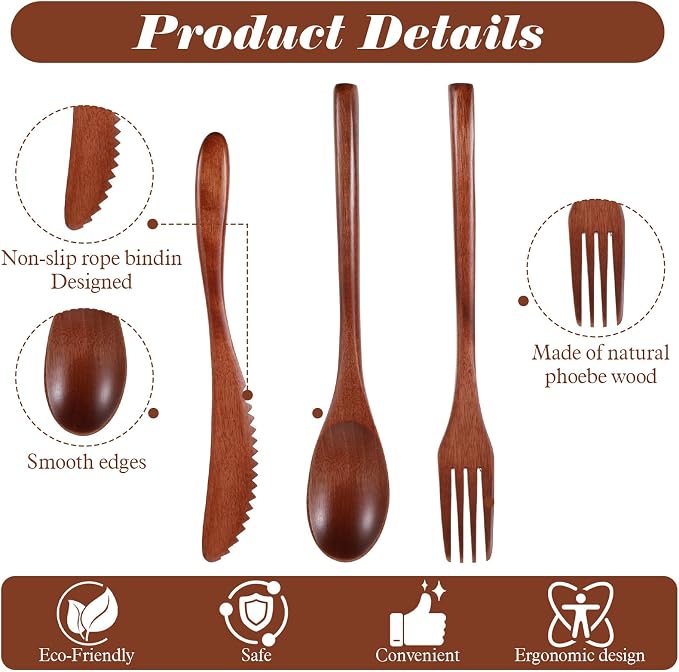 3 PCS Wooden Utensil Set for Eating, Wooden Forks Spoons Knife Reusable Wood - Image 3