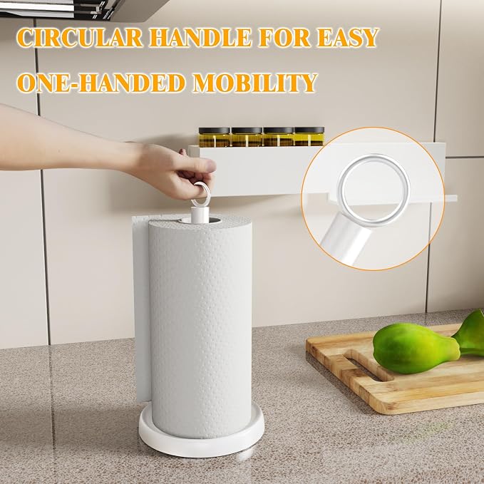 White Paper Towel Holder Countertop, One-Handed Tear, Stainless Steel, Weighted - Image 3