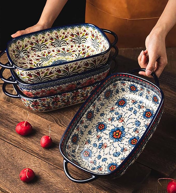 Red Daisy Flower Vintage Style Ceramic Bakeware Casserole Dish Baking Pan - Image 6