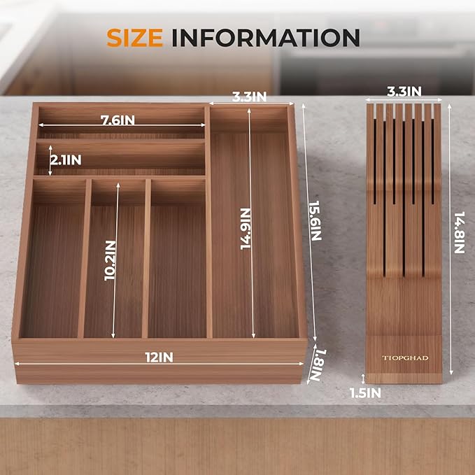 TIOPGHAD Small-Bamboo-Silverware-Drawer-Organizer, Expandable Utensil Kitchen - Image 3
