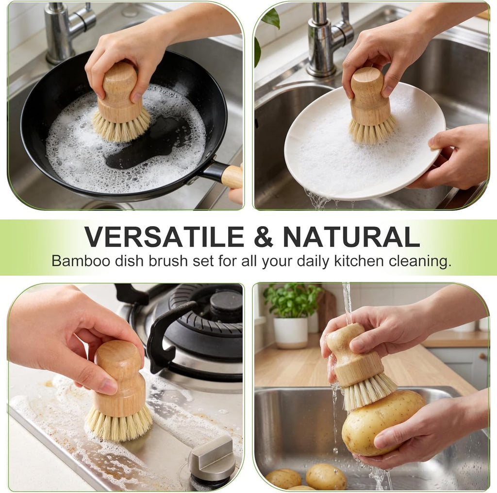 Bamboo Dish Brush, Natural Scrub Brush, 4 Pack Set