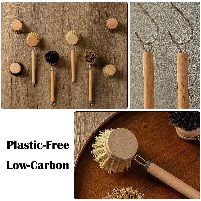 Bamboo Dish Brush with Handle, 3 Natural Bristle Heads