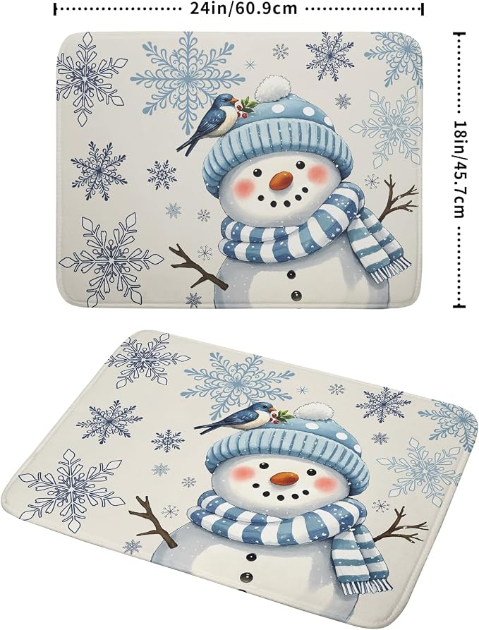 Winter Snowman Dish Drying Mat for Kitchen Counter 18x24 Blue Snowflake Bird - Image 2