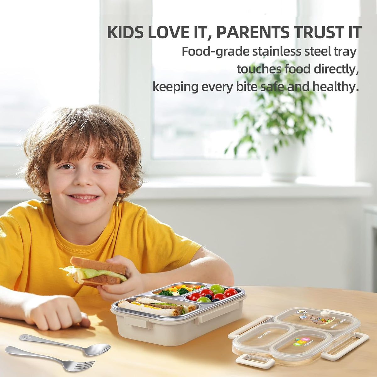 Stainless Steel Bento Lunch Box for Kids, 26.4 oz Leak-Proof