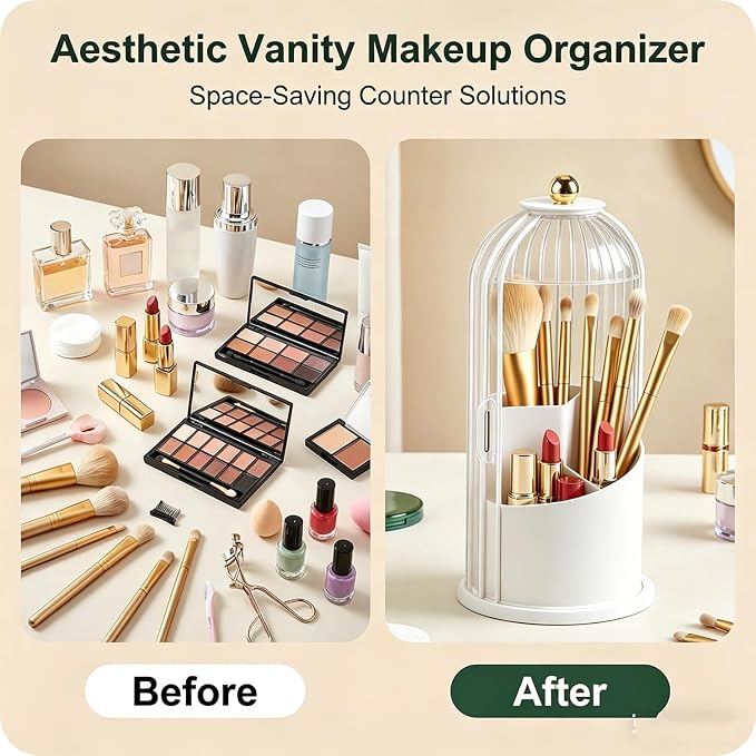 Makeup Brush Holder with Lid 360° Rotating 3-Compartment Makeup Organizers - Image 4
