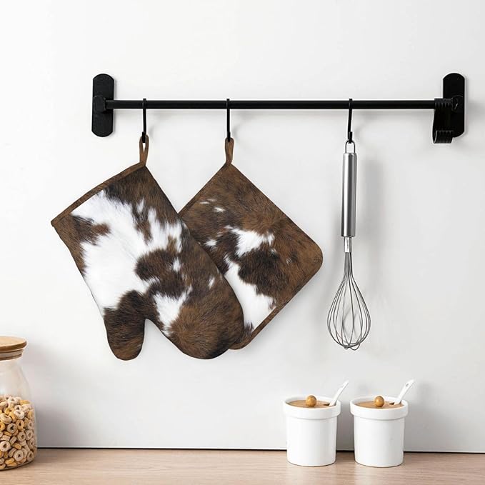 Cow Print Oven Mitts and Pot Holders Set of 4 Silicone Brown Cowhide Kitchen - Image 7