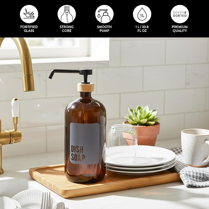 SAVVY & SORTED Amber Glass Dish Soap Dispenser - Image 5