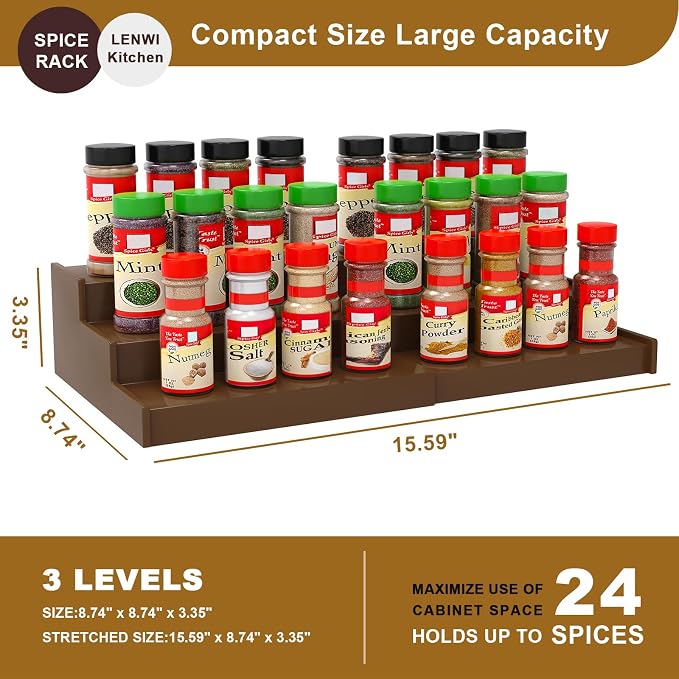 Lenwi Spice Rack Organizer for Cabinet 2 Pack, 3 Tier Expandable Bamboo Spice - Image 5