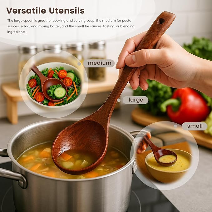 HANSGO Wooden Ladle for Soup, 3 Size Wooden Spoons for Deep Pot & Bowl - Image 4