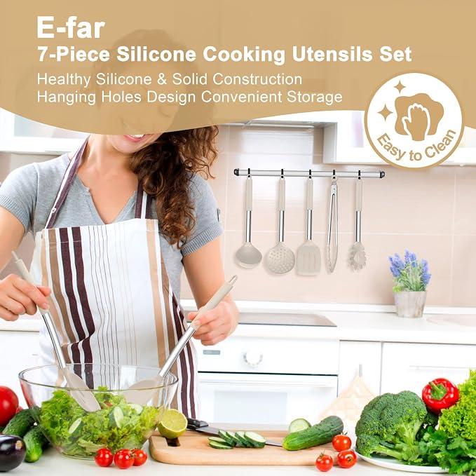 E-far Silicone Cooking Utensils Set, Slotted Turner, Soup Ladle, Pasta Server - Image 7