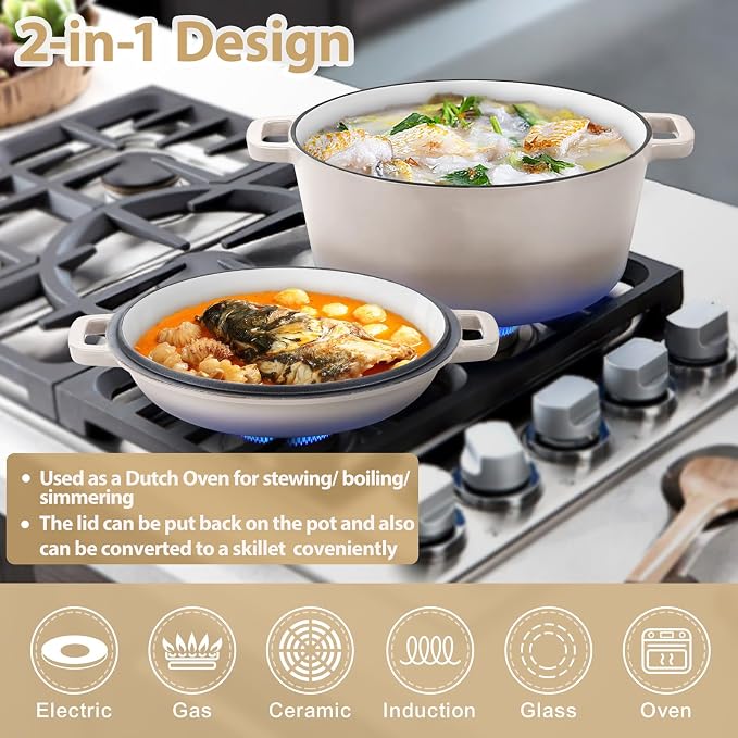 TeamFar 5 Quart Dutch Oven, 2 In 1 Enameled Cast Iron Dutch Oven Pot Cookware - Image 4