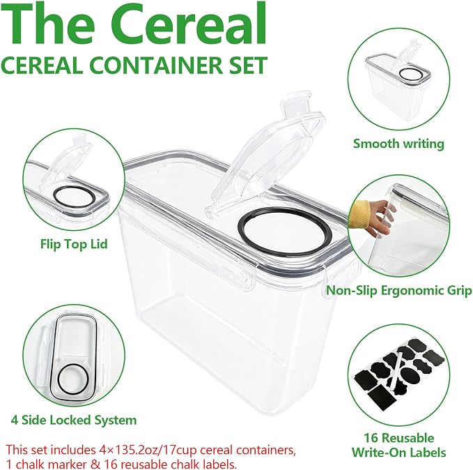 4 Pack 4L/135oz Cereal Storage Containers, Airtight BPA Free Plastic Cereal - Image 3