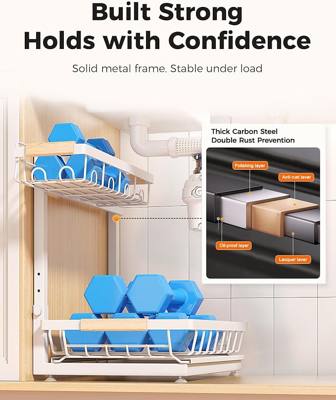 Sevenblue 3 Pack Under Sink Organizer, Height Adjustable Storage Shelves - Image 6
