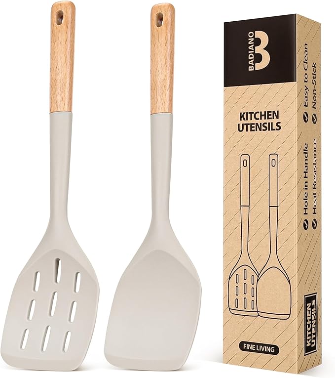 Pack of 2 Silicone Spatula, Non Stick Cooking Utensil Set Wooden Handle Kitchen by BADIANO