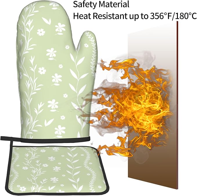 Sage Green Oven Mitt Pot Holder Set Floral BBQ Cooking Gloves Farmhouse - Image 5