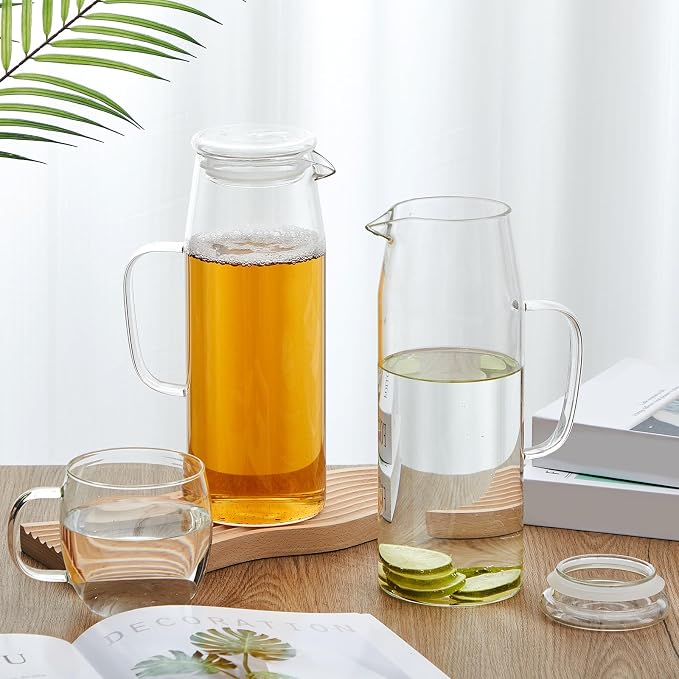 Hsei 2 Sets Glass Pitcher with Lid, 67.6 oz / 2000 ml Water Carafe with Handles - Image 3