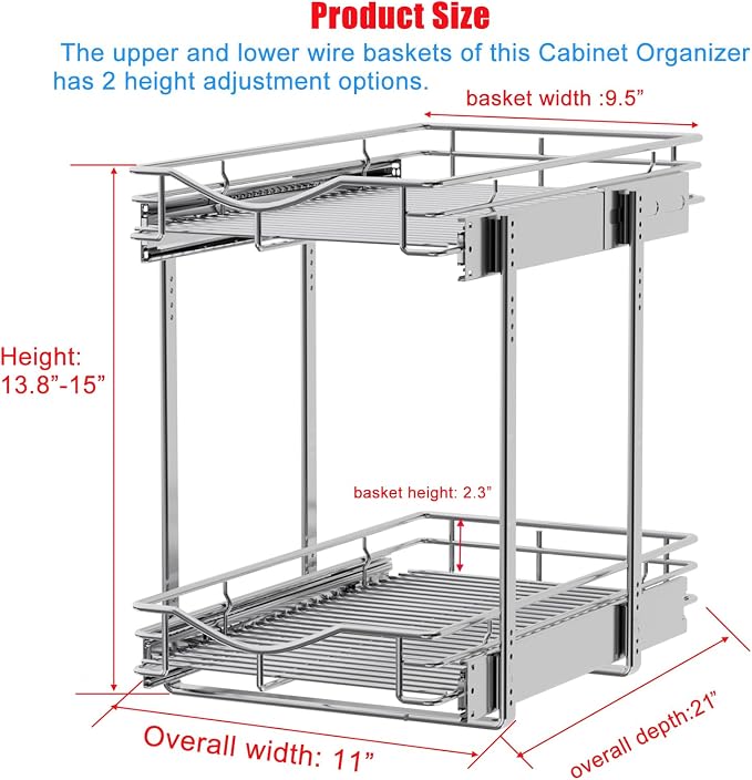 DINDON 2 Tier Pull Out Cabinet Organizer, Double Tier Wire Basket Slide Out - Image 2