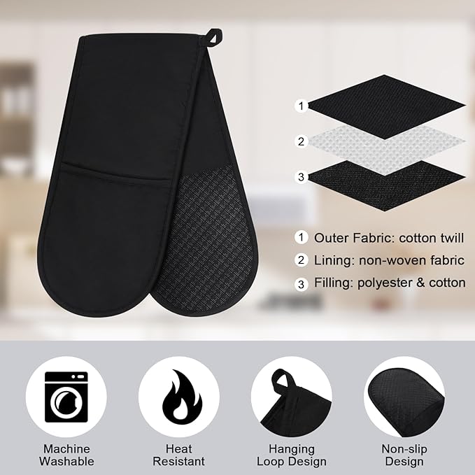 Philorn Black Double Oven Mitts，Heat Resistant 260℃ Waterproof Silicone Glove - Image 3
