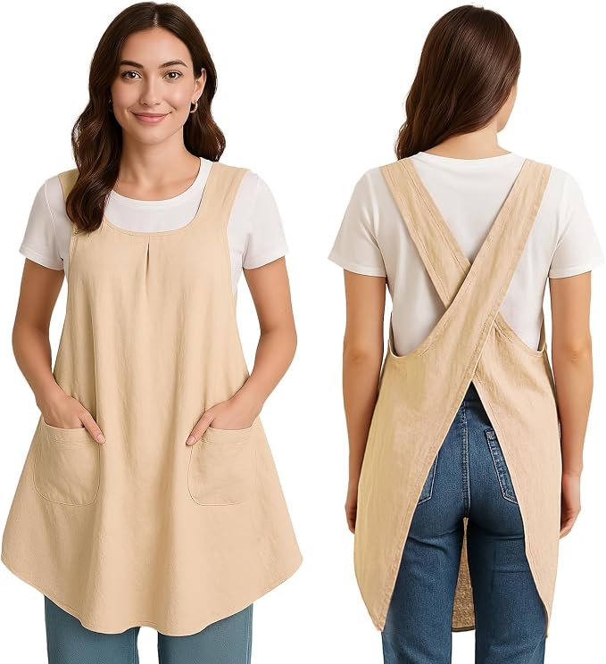 Apron for Women with Pocket Cotton Linen, Japanese Cross Back Apron for by ROLOSI