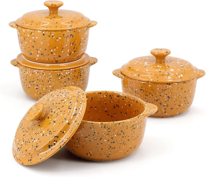 Stoneware Baking Ramekins Set of 4-10 Oz Mini Cocotte by Krokori