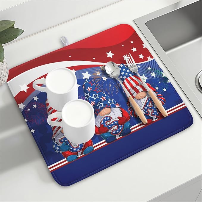 Kawani 4th of July Dish Drying Mat 16x18 Inch Spring Summer Patrioti Gnome - Image 8