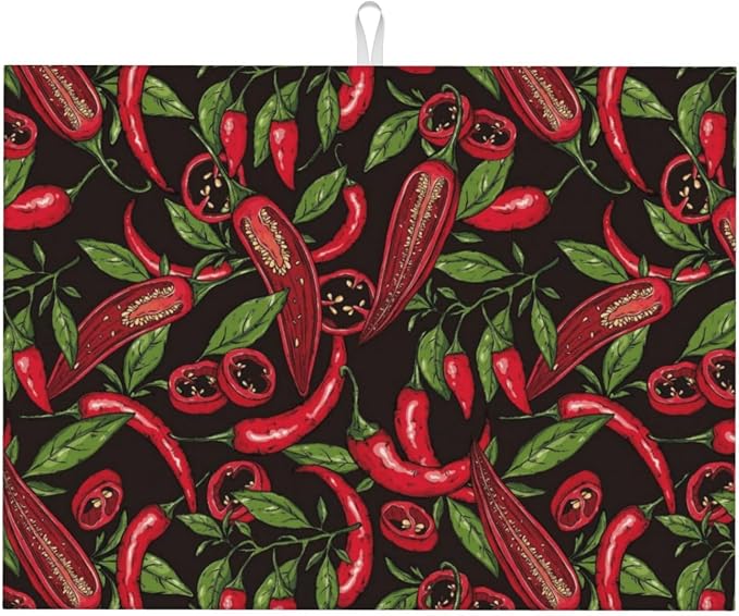 Red Chili Peppers Dish Drying Mat Vegetable Pepper Black Rustic Green Leaf by Unknown