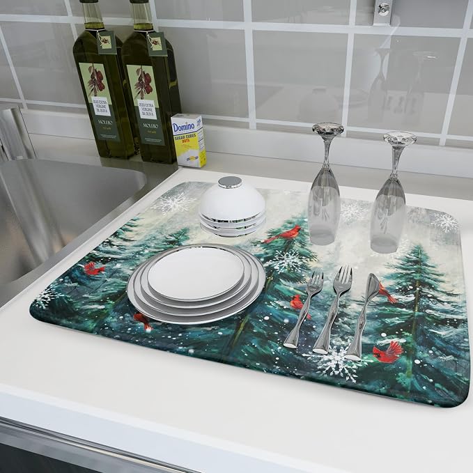 Pine Tree Dish Drying Mat for Kitchen Countertop Red Bird Dishes Mats Winter - Image 6