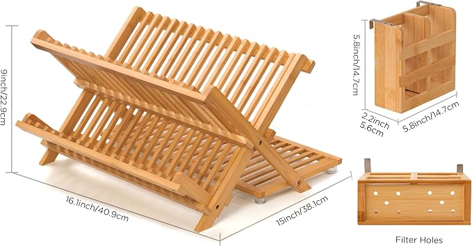 Bamboo Dish Drying Rack with Utensil Holder, 3 Tier Collapsible Dish Rack - Image 2