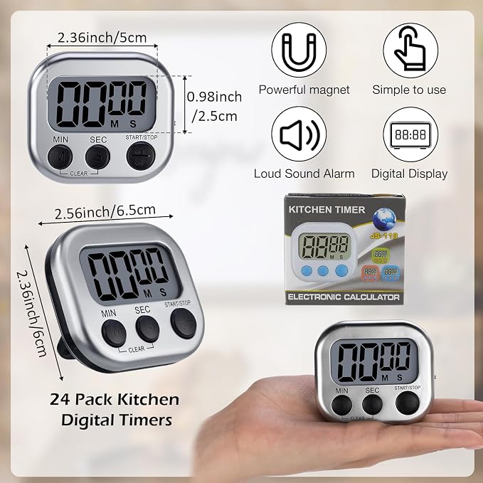 Leumoi 24 Pcs Digital Kitchen Timers Magnetic Back Timers Bulk Large Screen - Image 2
