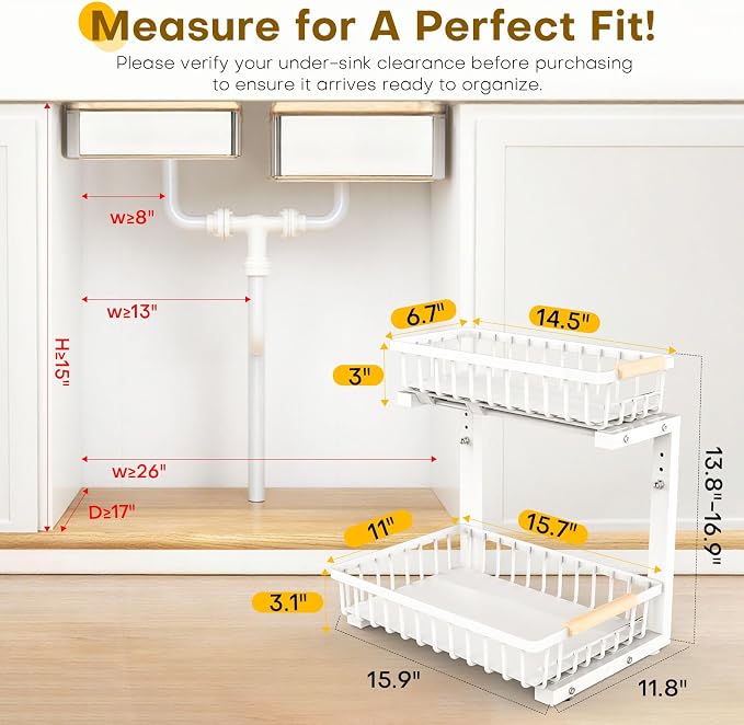 Under Sink Organizer, 2 Tier Pull Out Under-Sink Shelves, Adjustable Height - Image 2