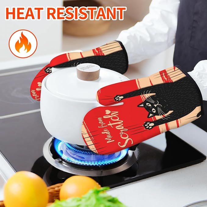 Funny Cat Oven Mitts and Pot Holders Sets Red Black Kitchen Decor Cute Cat - Image 2
