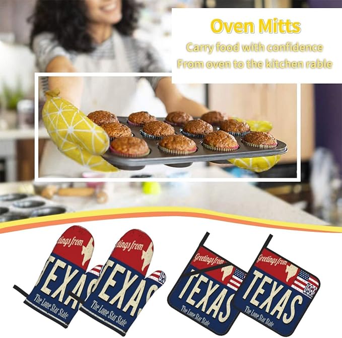 Oven Mitts and Pot Holders Sets of 4, Texas Lone Star State Retro US, Oven - Image 7