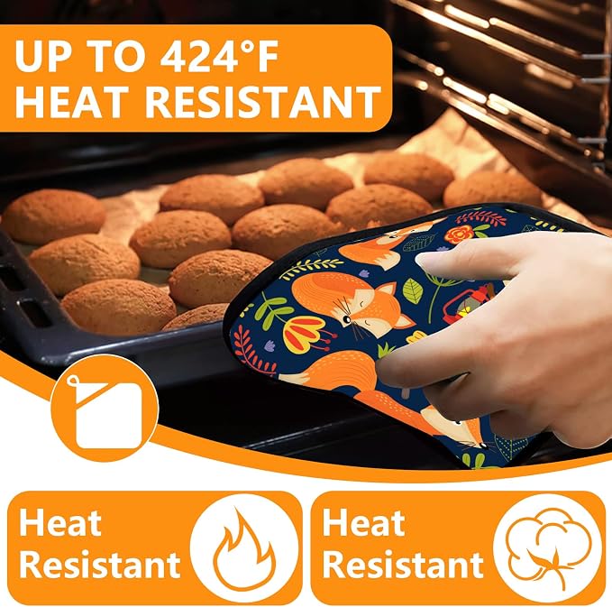Cute Fox Oven Mitts and Pot Holders Sets 4Pcs, Extra Long Oven Gloves Potholder - Image 4