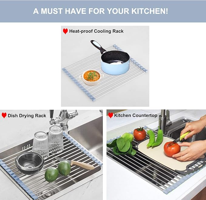 MECHEER Over The Sink Dish Drying Rack, Roll Up Dish Drying Rack Kitchen Dishes - Image 3