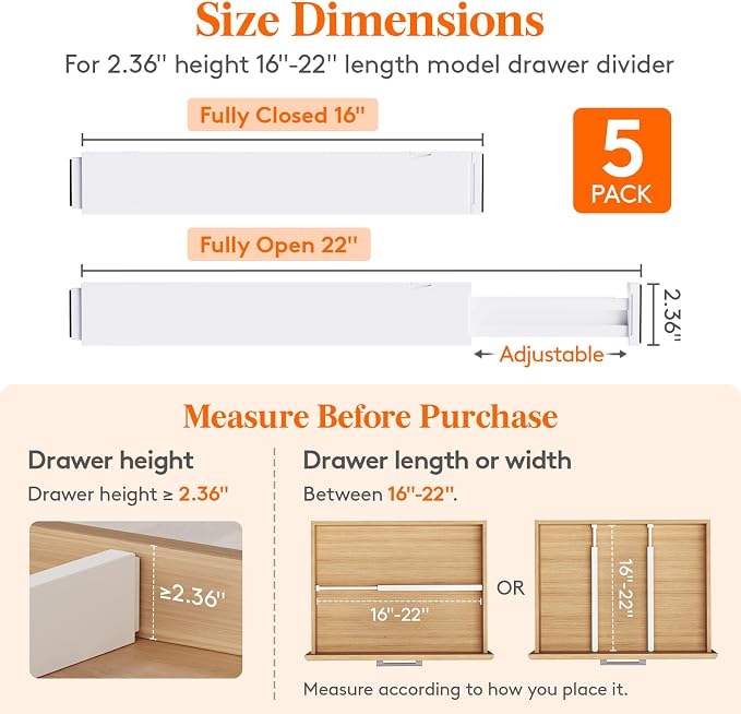Lifewit 5 Pack 2.36" High Drawer Dividers 40-56cm/16-22 Adjustable Drawer - Image 2