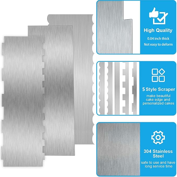 3 Pieces 8.7 Inche Stainless Steel Cake Scraper，Double Sided Patterned Edge - Image 6