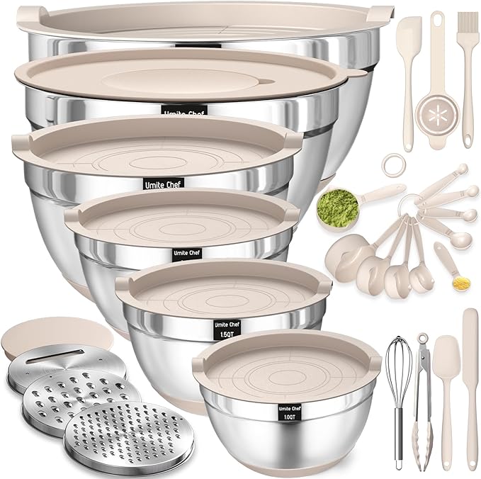 Mixing Bowls with Airtight Lids Set, Non-Slip Bottoms & Kitchen Gadgets Set by UmiteChef