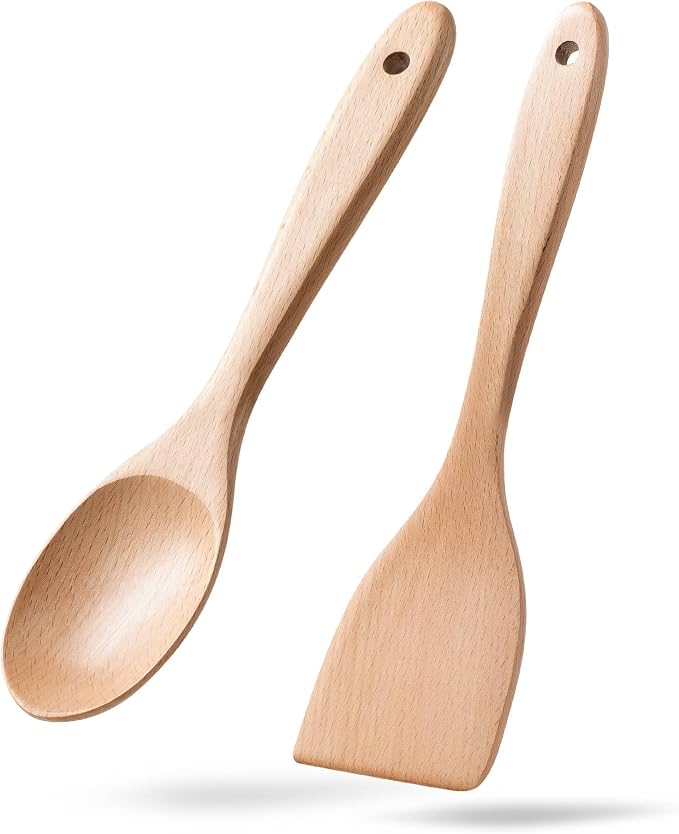 2pcs Wooden Spatula Spoon for Cooking, Thicker 12inch Coated Beech Wood Turners by HEFILD