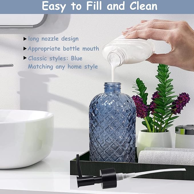 Blue Glass Dish Soap Dispenser for Kitchen, 12oz Refillable Liquid Hand Soap - Image 3