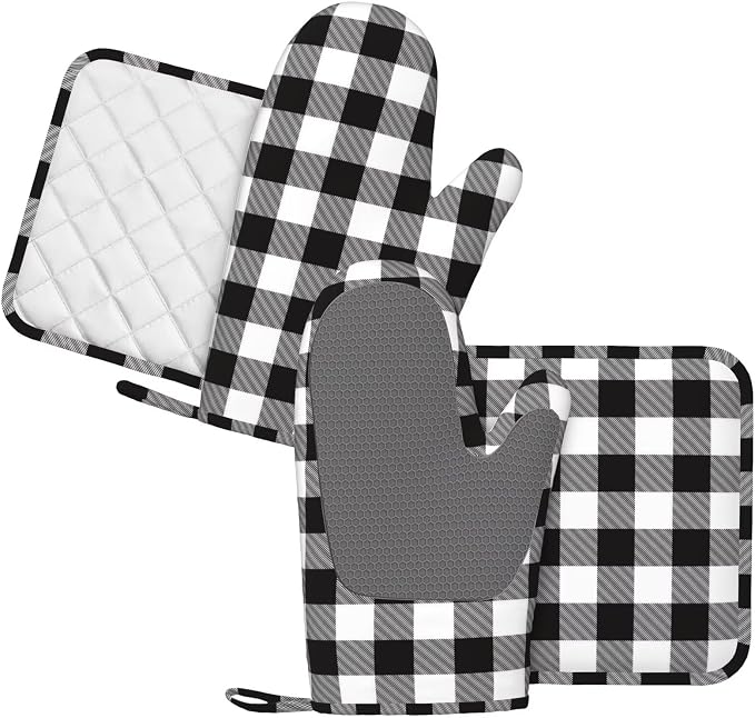 Buffalo Plaid Black and White Oven Mitts and Pot Holders Set - Image 2