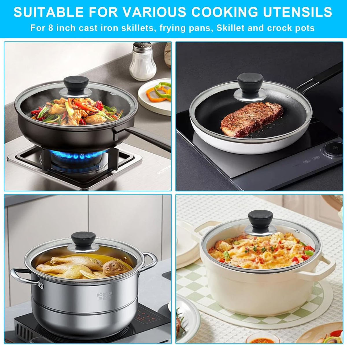 Glass Lid for Frying Pan Tempered Glass Pot Lid with Stainless Steel