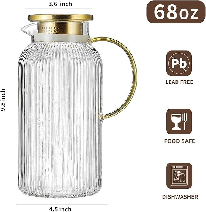 Buaic Glass Pitcher with Lid, 68 oz/2 Liter Classic Vertical Stripes Water - Image 2