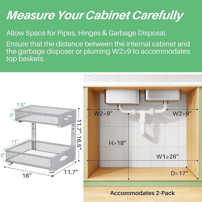 Under Sink Organizer, L-Shaped Adjustable Height, Mesh Sliding Drawer - Image 2