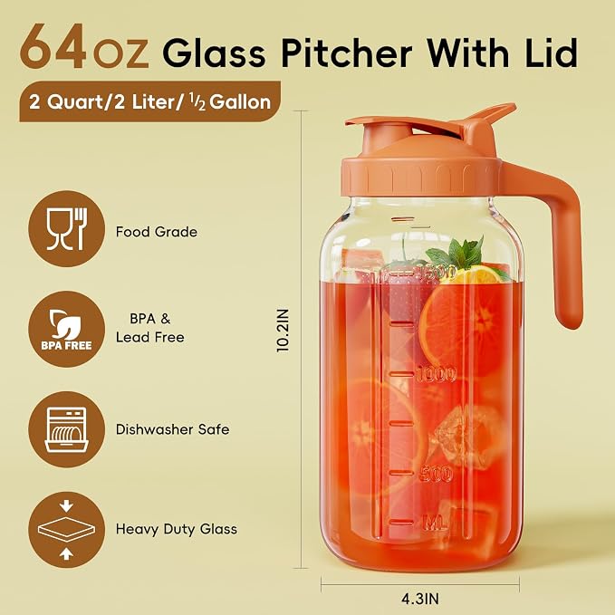 Glass Mason Jar Pitcher, 64 oz Wide Mouth Jug - Image 2